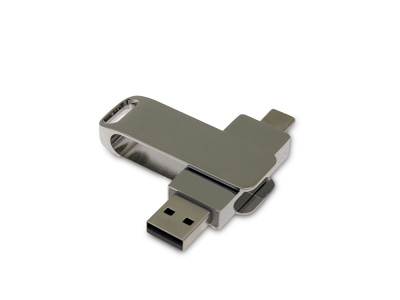 USB-флешка на 16 Гб поворотный механизм 2 в 1, c дополнительным разъемом Type-C с одноцветным металлическим клипом, серебристый